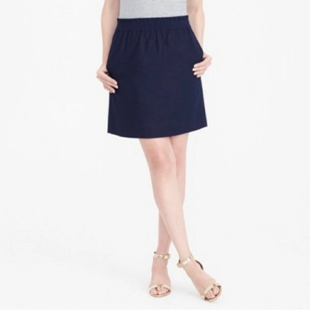 J. Crew Factory Sidewalk Skirt Mini Navy Linen/Cotton Elastic Waist Pockets Sz 2